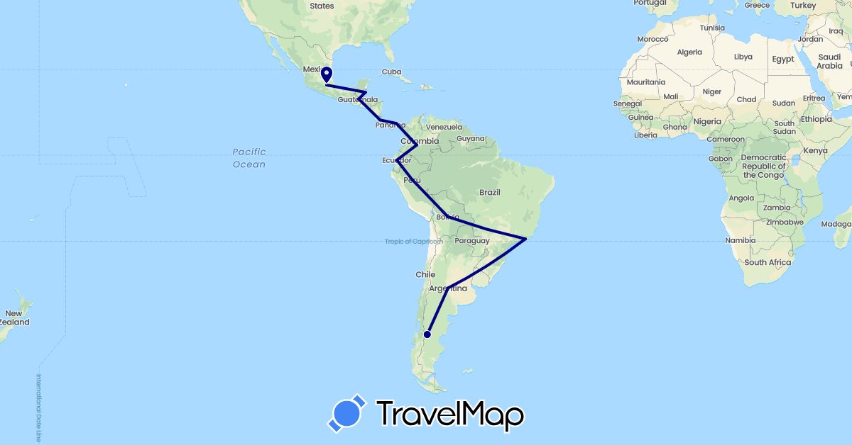 TravelMap itinerary: driving in Argentina, Bolivia, Brazil, Belize, Colombia, Costa Rica, Ecuador, Guatemala, Mexico, Panama, Peru (North America, South America)