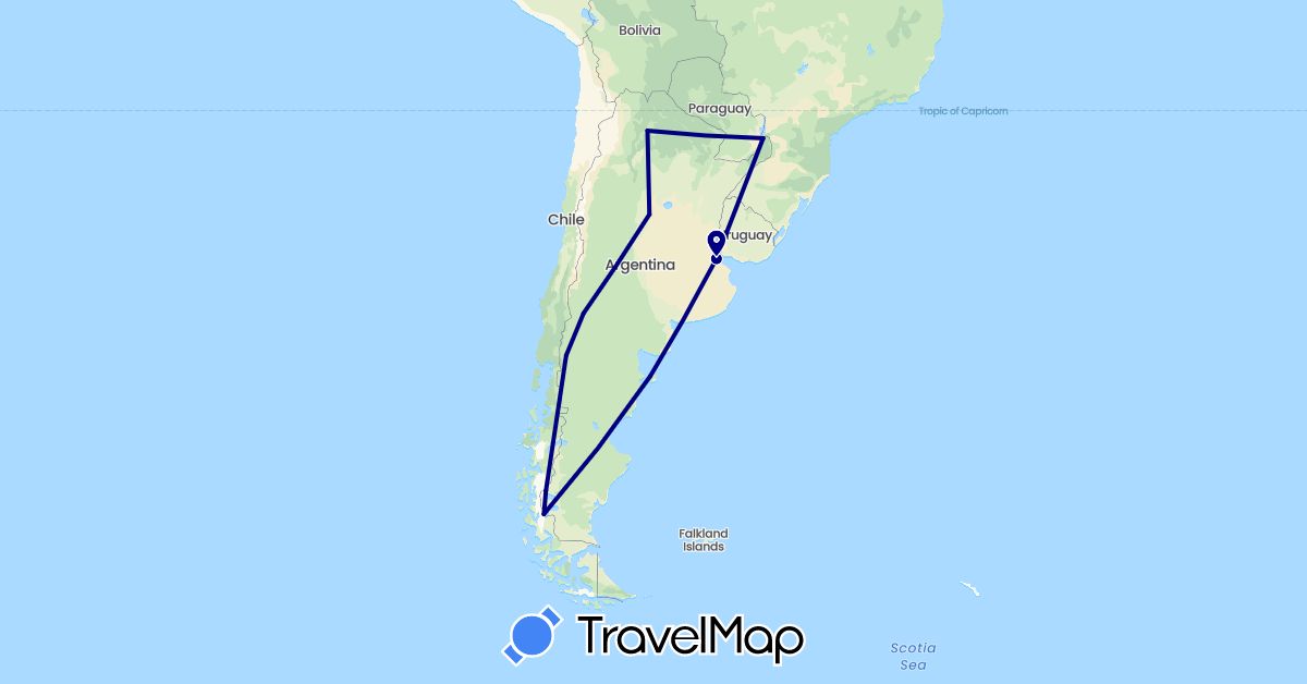 TravelMap itinerary: driving in Argentina, Brazil, Chile (South America)